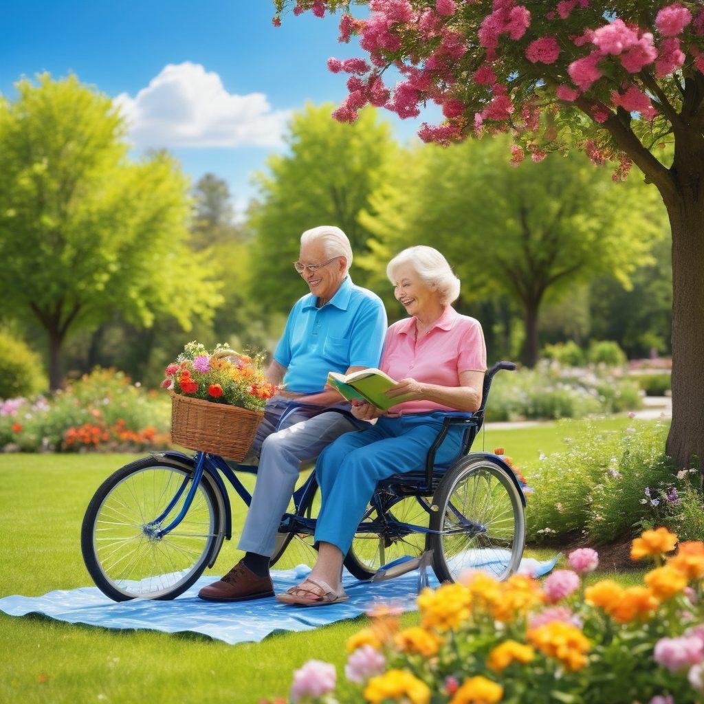 A joyful senior couple enjoying a sunny park filled with blooming flowers, engaging in activities like gardening and reading. Include vibrant colors, a serene atmosphere, and elements symbolizing health and happiness such as fruits, bicycles, and an inviting picnic area. Illustrate diversity with different cultures represented. super-realistic. vibrant colors. bright blue sky.