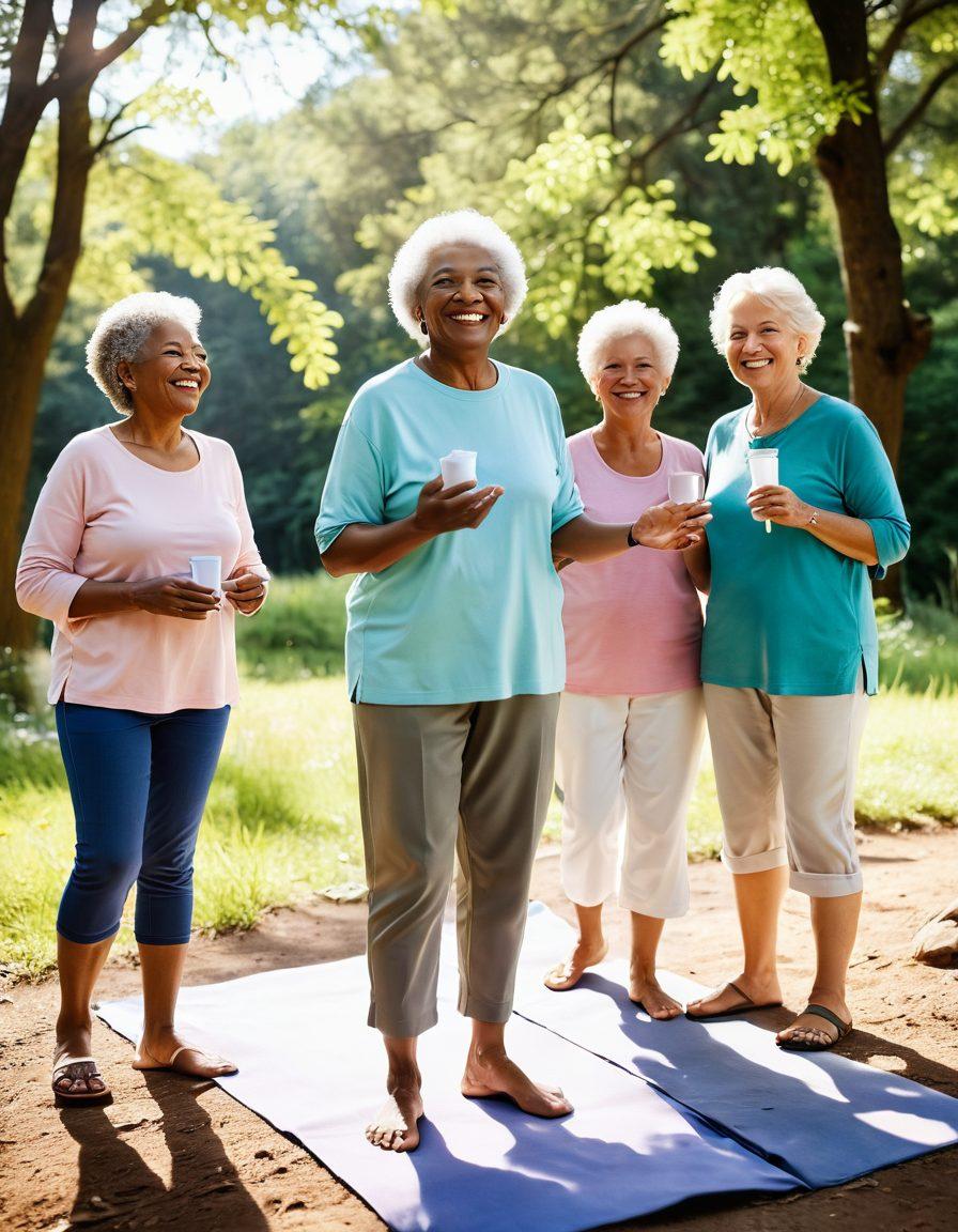A cheerful group of diverse seniors engaging in various activities like hiking, painting, and yoga in a sunlit park. They are smiling and enjoying each other's company, surrounded by vibrant nature. Include elements of laughter and connection, showcasing active living and joy in retirement. The scene captures a sense of adventure and fulfillment. soft pastel colors. realistic. lively atmosphere.