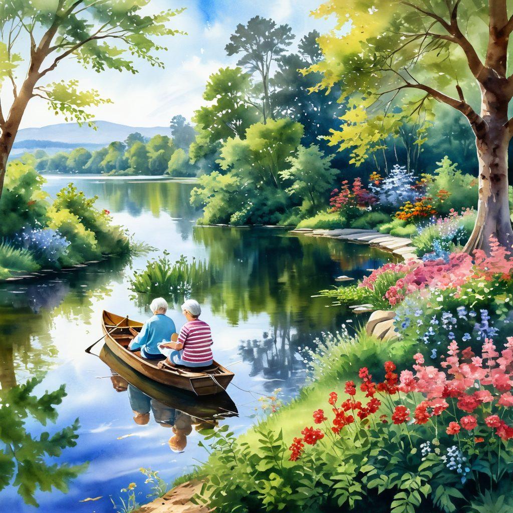 A serene landscape featuring a cheerful elderly couple enjoying their retirement, surrounded by lush greenery and blooming flowers, engaging in activities like gardening and reading. In the background, a peaceful lake reflects the blue sky, symbolizing tranquility and fulfillment in later life. Include subtle hints of hobbies like painting and fishing. watercolor painting. vibrant colors. soft focus.
